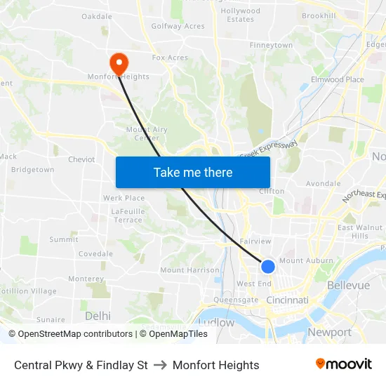 Central Pkwy & Findlay St to Monfort Heights map