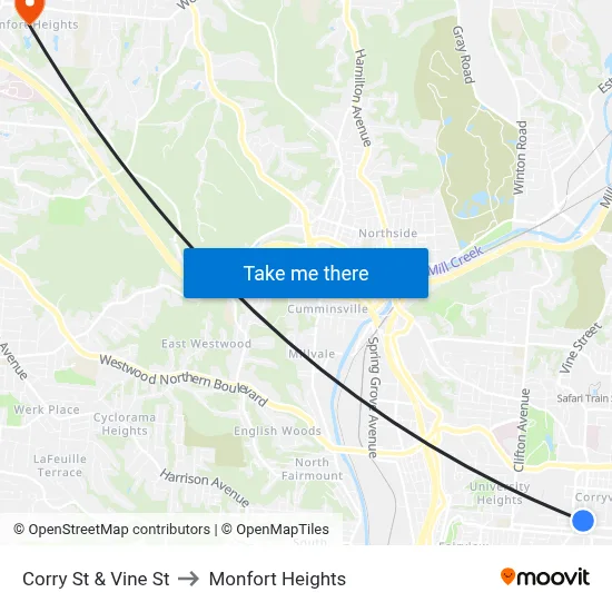 Corry St & Vine St to Monfort Heights map