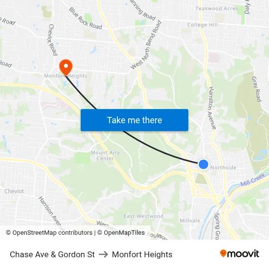 Chase Ave & Gordon St to Monfort Heights map