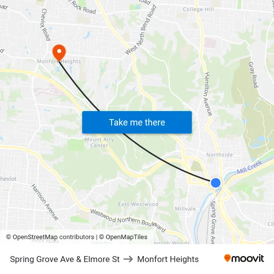 Spring Grove Ave & Elmore St to Monfort Heights map