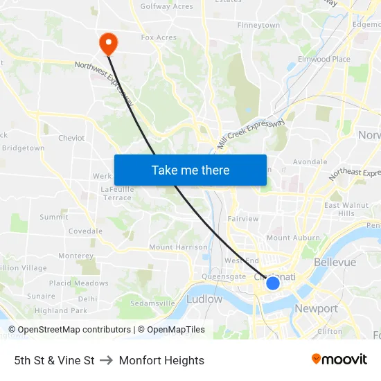 5th St & Vine St to Monfort Heights map