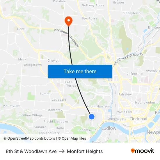8th St & Woodlawn Ave to Monfort Heights map