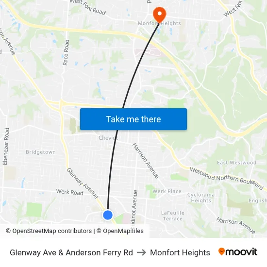Glenway Ave & Anderson Ferry Rd to Monfort Heights map