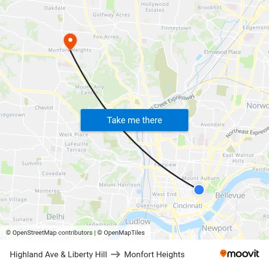 Highland Ave & Liberty Hill to Monfort Heights map