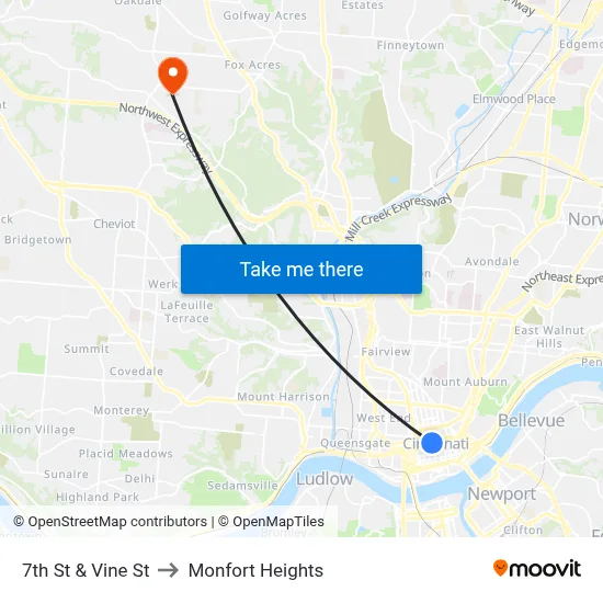 7th St & Vine St to Monfort Heights map