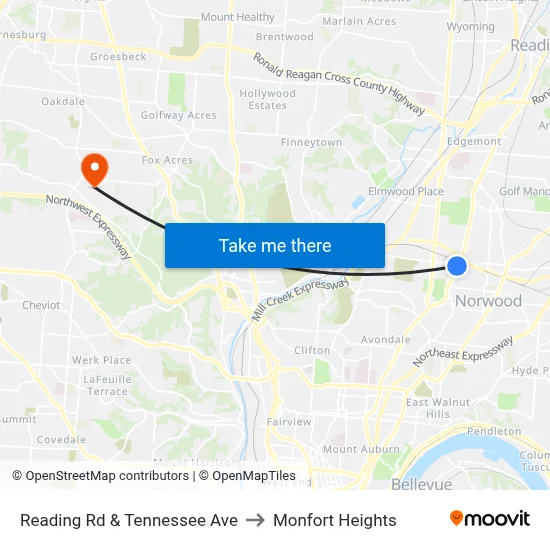 Reading Rd & Tennessee Ave to Monfort Heights map