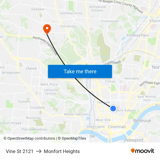 Vine St 2121 to Monfort Heights map