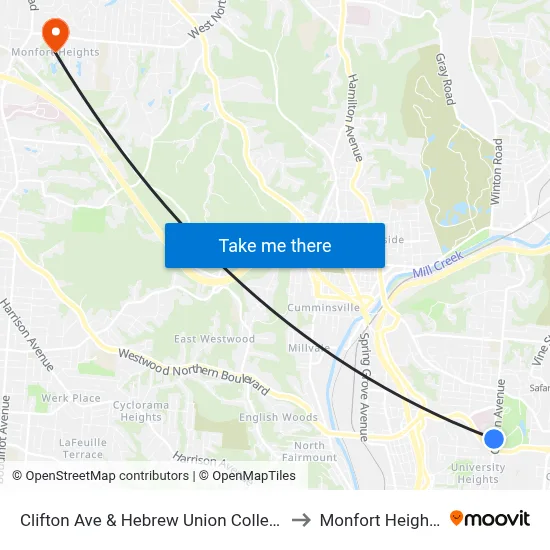 Clifton Ave & Hebrew Union College to Monfort Heights map