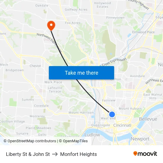 Liberty St & John St to Monfort Heights map