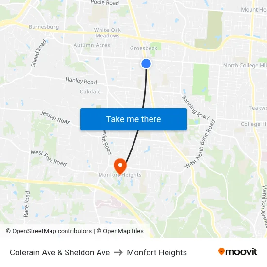 Colerain Ave & Sheldon Ave to Monfort Heights map