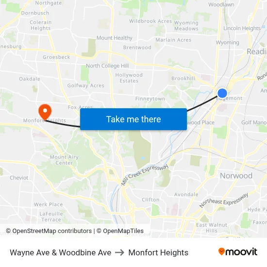 Wayne Ave & Woodbine Ave to Monfort Heights map