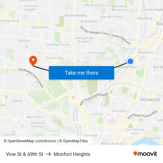 Vine St & 69th St to Monfort Heights map