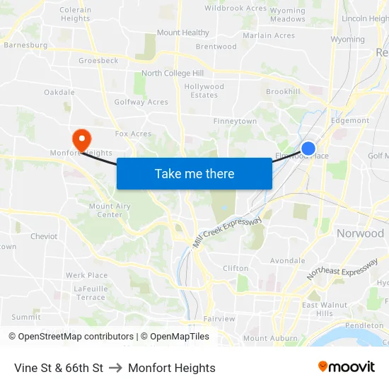 Vine St & 66th St to Monfort Heights map