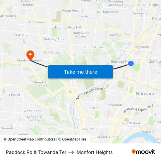 Paddock Rd & Towanda Ter to Monfort Heights map