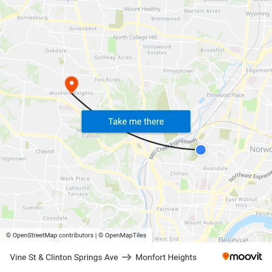 Vine St & Clinton Springs Ave to Monfort Heights map