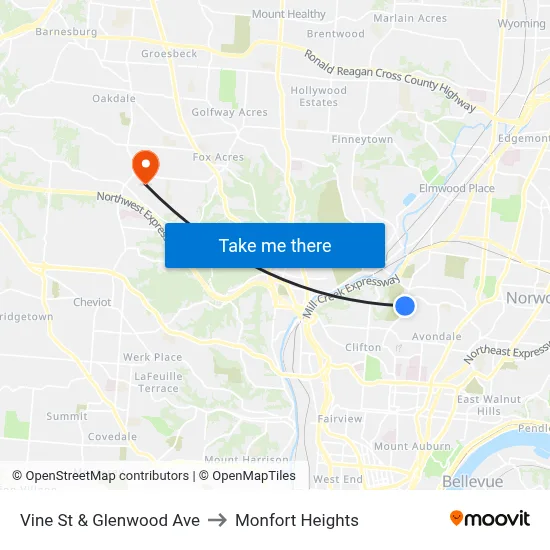 Vine St & Glenwood Ave to Monfort Heights map