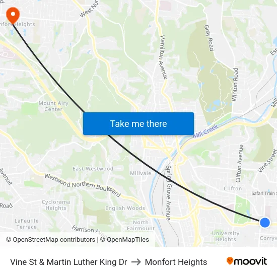 Vine St & Martin Luther King Dr to Monfort Heights map