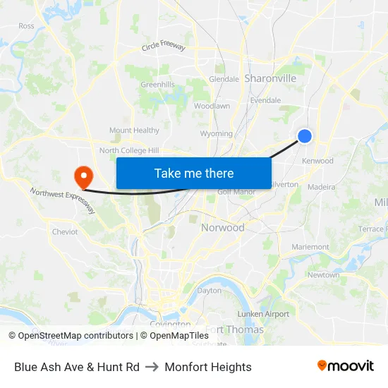 Blue Ash Road & Hunt Road to Monfort Heights map