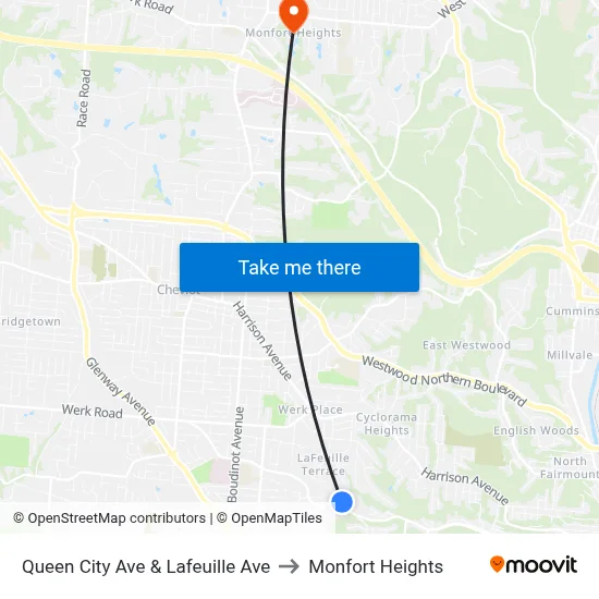 Queen City Ave & Lafeuille Ave to Monfort Heights map
