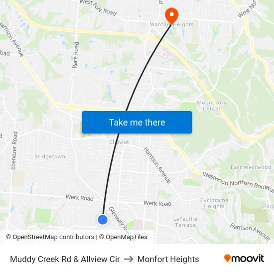 Muddy Creek Rd & Allview Cir to Monfort Heights map