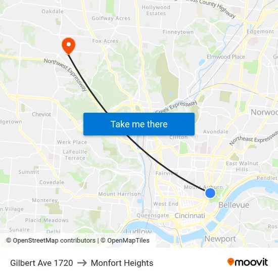 Gilbert Ave 1720 to Monfort Heights map