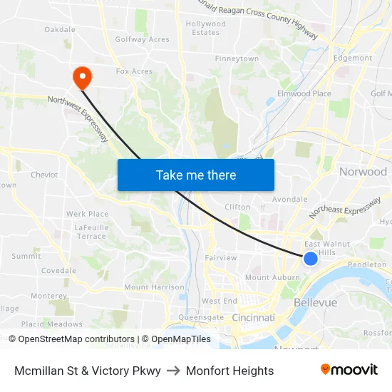 Mcmillan St & Victory Pkwy to Monfort Heights map