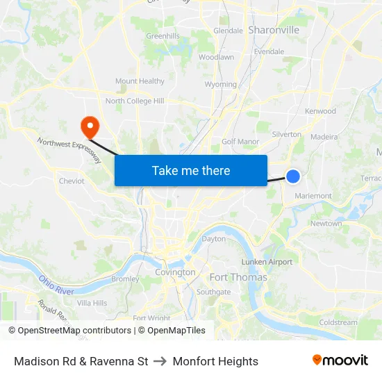 Madison Rd & Ravenna St to Monfort Heights map