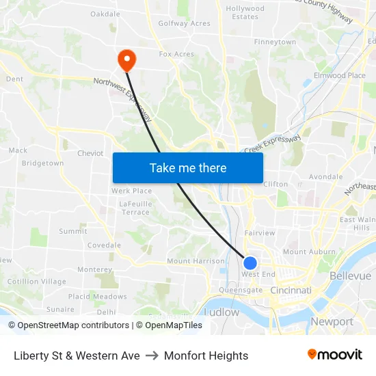 Liberty St & Western Ave to Monfort Heights map