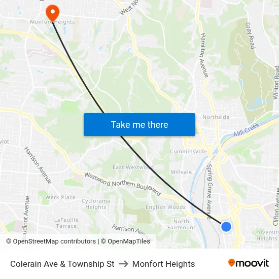 Colerain Ave & Township St to Monfort Heights map