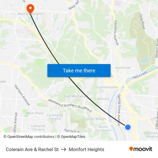 Colerain Ave & Rachel St to Monfort Heights map