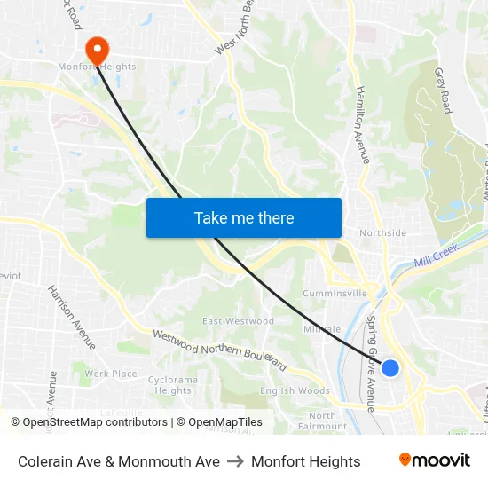 Colerain Ave & Monmouth Ave to Monfort Heights map