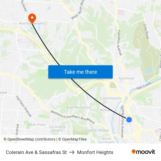 Colerain Ave & Sassafras St to Monfort Heights map