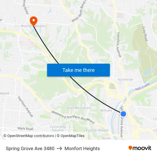 Spring Grove Ave 3480 to Monfort Heights map