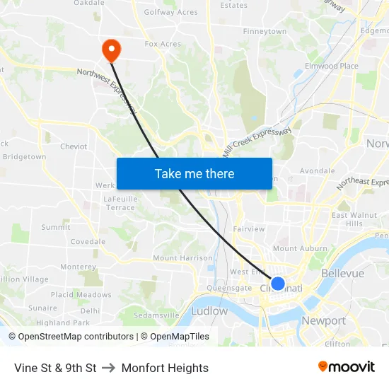Vine St & 9th St to Monfort Heights map