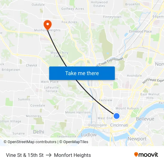 Vine St & 15th St to Monfort Heights map