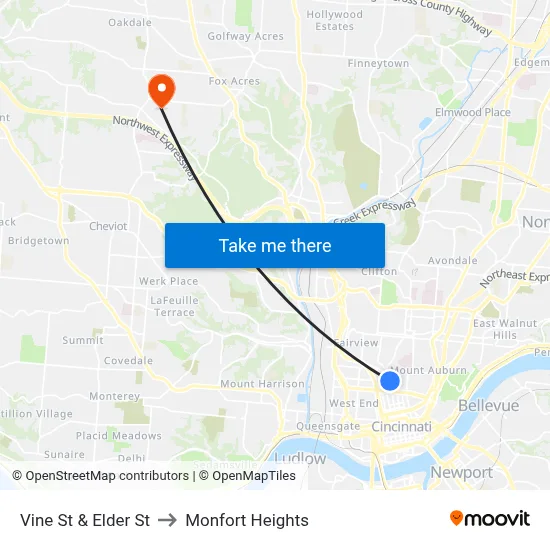 Vine St & Elder St to Monfort Heights map