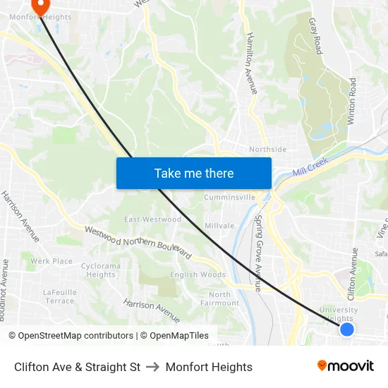 Clifton Ave & Straight St to Monfort Heights map