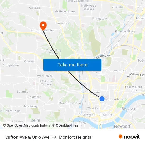 Clifton Ave & Ohio Ave to Monfort Heights map