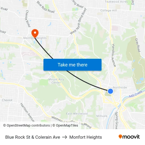 Blue Rock St & Colerain Ave to Monfort Heights map