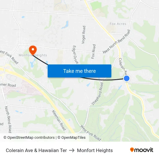 Colerain Ave & Hawaiian Ter to Monfort Heights map