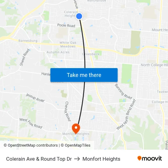 Colerain Ave & Round Top Dr to Monfort Heights map