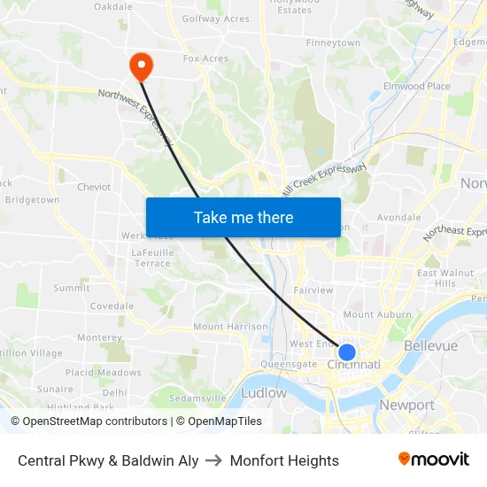 Central Pkwy & Baldwin Aly to Monfort Heights map