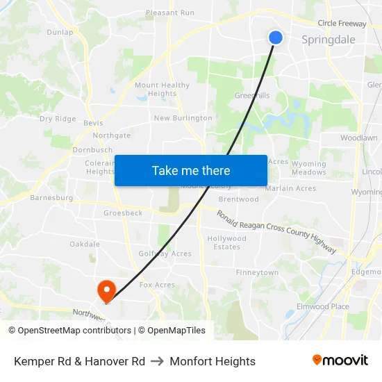 Kemper Rd & Hanover Rd to Monfort Heights map