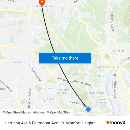 Harrison Ave & Fairmount Ave to Monfort Heights map