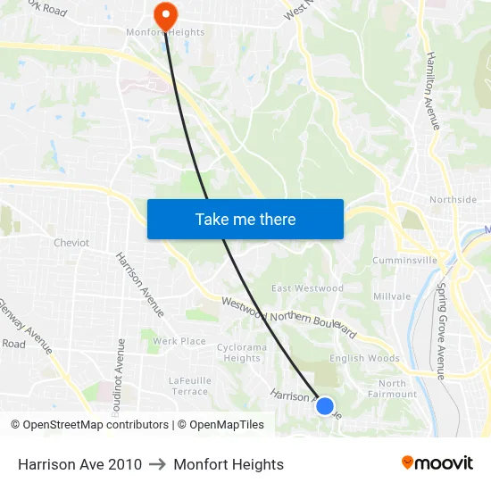 Harrison Ave 2010 to Monfort Heights map