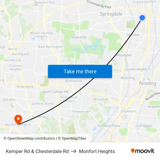 Kemper Rd & Chesterdale Rd to Monfort Heights map