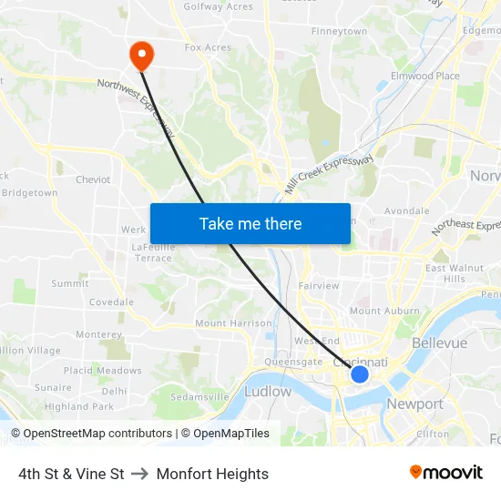 4th St & Vine St to Monfort Heights map