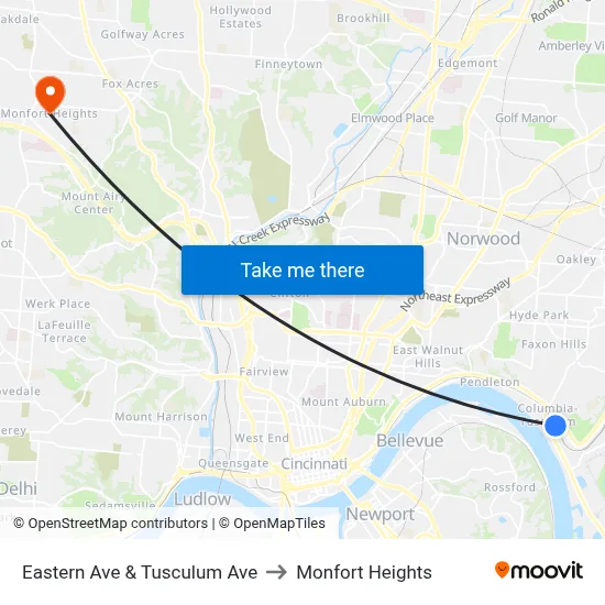 Eastern Ave & Tusculum Ave to Monfort Heights map