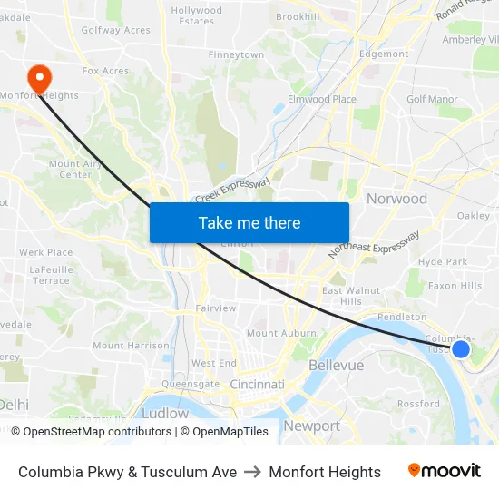 Columbia Pkwy & Tusculum Ave to Monfort Heights map