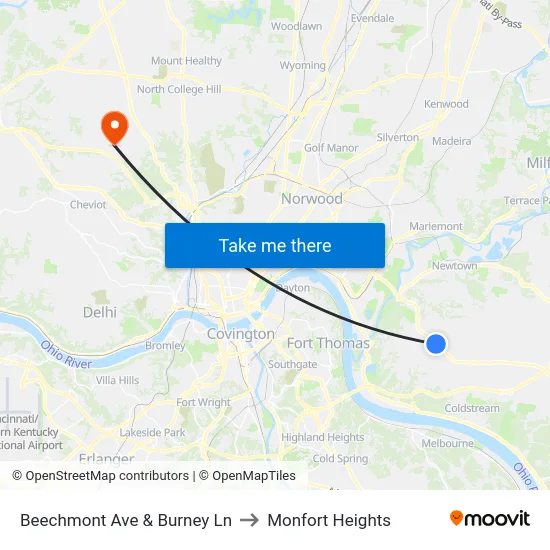 Beechmont Ave & Burney Ln to Monfort Heights map